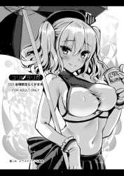 Rule 34 | 1girl, blush, breasts, closed mouth, content rating, cup, gloves, greyscale, hair between eyes, holding, holding cup, holding umbrella, kantai collection, kashima (kancolle), kojima saya, large breasts, looking at viewer, midriff, miniskirt, monochrome, navel, pleated skirt, race queen, skirt, smile, solo, twintails, umbrella