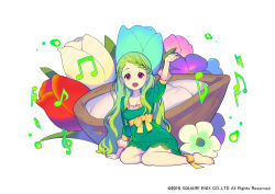 Rule 34 | 10s, 1girl, 2015, :d, arm up, beamed quavers, braid, breasts, cleavage, dress, enkyo yuuichirou, green dress, green hair, long hair, medium breasts, mugen knights, musical note, open mouth, quaver, red eyes, simple background, smile, solo, square enix, thumbelina (mugen knights), treble clef, white background