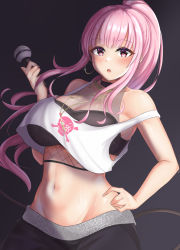 Rule 34 | 1girl, absurdres, bare shoulders, blush, breasts, cleavage, earrings, highres, holding, holding microphone, hololive, hololive english, jewelry, large breasts, long hair, looking at viewer, microphone, minori (user eket5233), mori calliope, mori calliope (streetwear), navel, official alternate costume, pink eyes, ponytail, solo, virtual youtuber