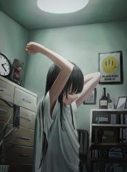 Rule 34 | 1girl, absurdres, alcohol, ambiguous gender, arms up, bare arms, black hair, book, bookshelf, bottle, clock, closed eyes, closed mouth, drawer, emoji, flat chest, from side, gishiki (gshk), highres, indoors, lamp, long hair, original, photo (object), plant, poster (object), potted plant, profanity, radio, revision, room, sake, sake bottle, shelf, shirt, short sleeves, smiley face, solo, stuffed animal, stuffed toy, teddy bear, upper body, white shirt