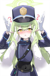 Rule 34 | 1boy, 1girl, ?, absurdres, black hat, black shirt, black skirt, blue archive, blush, doodle sensei (blue archive), gloves, green hair, green halo, halo, hat, highres, kabedoru, long hair, long sleeves, looking at viewer, open mouth, peaked cap, pleated skirt, pointy ears, sensei (blue archive), shirt, simple background, skirt, solo focus, sweat, twintails, white background, white gloves, yellow eyes
