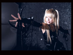 Rule 34 | 1girl, amane misa, amane misa (cosplay), asian, blade, blonde hair, blue eyes, breasts, color contacts, cosplay, cross, cross necklace, death note, elbow gloves, fingerless gloves, fishnet thighhighs, fishnets, gloves, indoors, jewelry, kipi-san, lace, long hair, looking at viewer, necklace, photo (medium), small breasts, solo, thighhighs, torn clothes, two side up