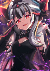 Rule 34 | 1girl, :d, black choker, black dress, black gloves, black hair, blunt bangs, breasts, choker, cleavage, dark persona, dress, elbow gloves, fire emblem, fire emblem engage, fire emblem heroes, gloves, glowing, glowing eyes, grey hair, hair ornament, highres, long hair, looking at viewer, magic, minamonochaba, multicolored hair, nintendo, official alternate costume, open mouth, red eyes, sleeveless, sleeveless dress, small breasts, smile, solo, two-tone hair, upper body, very long hair, veyle (fell successor) (fire emblem), veyle (fire emblem)