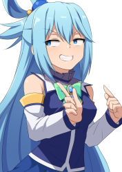 Rule 34 | &gt;:), 1girl, aqua (konosuba), bare shoulders, blue eyes, blue hair, blue shirt, blush, bow, breasts, commentary, detached sleeves, double-parted bangs, green bow, grin, hair between eyes, hair bobbles, hair ornament, half updo, hands up, index finger raised, index fingers raised, kono subarashii sekai ni shukufuku wo!, large breasts, long hair, long sleeves, looking to the side, pointing, pointing to the side, shirt, sidelocks, simple background, single hair ring, sleeveless, sleeveless shirt, smile, smug, solo, straight hair, teeth, umarutsufuri, upper body, v-shaped eyebrows, very long hair, white background, white sleeves