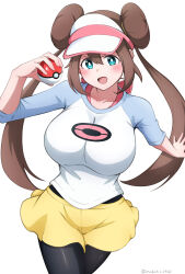 Rule 34 | 1girl, :d, black pantyhose, blue eyes, blush, breasts, brown hair, collarbone, commentary request, creatures (company), double bun, doughnut hair bun, game freak, hair bun, hand up, highres, holding, holding poke ball, large breasts, long hair, looking at viewer, masakin, nintendo, open mouth, pantyhose, pantyhose under shorts, poke ball, pokemon, pokemon bw2, raglan sleeves, rosa (pokemon), short shorts, shorts, simple background, smile, solo, twintails, very long hair, visor cap, white background, yellow shorts