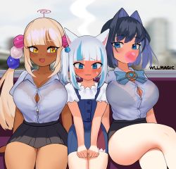 Rule 34 | 3girls, :3, animal ears, black skirt, blonde hair, blue dress, blue eyes, blue hair, blush, bra, bra visible through clothes, breasts, blowing bubbles, button gap, cat ears, chewing gum, collared shirt, dark-skinned female, dark skin, dress, dress shirt, flat chest, full-face blush, gawr gura, gawr gura (casual), girl sandwich, hair intakes, highres, hololive, hololive english, lace, lace-trimmed bra, lace trim, large breasts, long hair, meme, multicolored hair, multiple girls, ouro kronii, ribbon, sandwiched, see-through, see-through shirt, shirt, side ponytail, silver hair, skirt, smile, streaked hair, tsukumo sana, twintails, underwear, virtual youtuber, wllmagic, yellow eyes