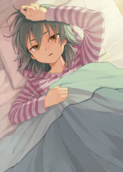 Rule 34 | 1boy, aqua hair, bed, blanket, from above, inazuma eleven (series), inazuma eleven go, kariya masaki, looking at viewer, lying, male focus, parted lips, pillow, revision, riho, solo, under covers, yellow eyes