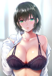 Rule 34 | 1girl, bare shoulders, black bra, black hair, blurry, blurry background, blush, bra, breasts, cleavage, collarbone, collared shirt, commentary request, dress shirt, ear piercing, green eyes, hair between eyes, highres, lace, lace trim, large breasts, looking at viewer, moruta (sunu-pio), off shoulder, open clothes, open mouth, open shirt, original, piercing, shirt, short hair, solo, stomach, underwear, white shirt, window