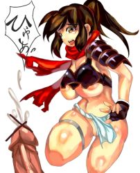 Rule 34 | 10s, 1girl, armor, bare legs, black hair, censored, cum, fundoshi, izumi (queen&#039;s blade), japanese armor, japanese clothes, looking at viewer, penis, ponytail, queen&#039;s blade, queen&#039;s blade rebellion, shiny skin