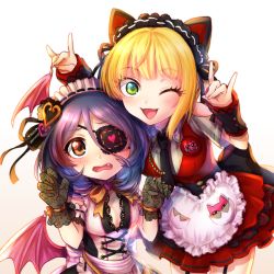 Rule 34 | 2girls, :d, animal ears, apron, arm garter, badge, bare shoulders, black bow, black dress, black gloves, black neckwear, black ribbon, blonde hair, blush, bow, breasts, button badge, chain, claw pose, cleavage, collared dress, cosplay, costume switch, cross-laced clothes, demon wings, detached sleeves, dress, embarrassed, eyelashes, eyepatch, fake animal ears, fang, floral print, fox ears, fox shadow puppet, garter straps, gloves, gold chain, gradient background, green eyes, hair between eyes, hair ornament, hair ribbon, hairband, hayasaka mirei, head wings, heart, heart apron, heart eyepatch, height difference, idolmaster, idolmaster cinderella girls, lace, lace-trimmed gloves, lace trim, leaning forward, lolita hairband, looking at viewer, low wings, maid headdress, medium breasts, miyamoto frederica, multicolored hair, multiple girls, necktie, one eye closed, open mouth, orange ribbon, pink bow, pink wings, pocket, purple hair, red dress, red hair, ribbon, ribbon-trimmed gloves, ribbon trim, rose print, ruku (ruku 5050), sash, short hair, short sleeves, sideboob, single sidelock, small breasts, smile, streaked hair, striped, striped bow, two-tone hair, upper body, waist apron, wavy mouth, white background, white bow, wing collar, wings, yellow background, yellow bow, yellow eyes