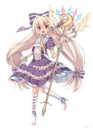 Rule 34 | bird, boots, bow, copyright request, dress, holding, holding staff, long hair, looking at viewer, open mouth, phoenix, purple bow, purple dress, red eyes, rento (rukeai), short sleeves, smile, solo, staff, tan, very long hair, white footwear, white hair