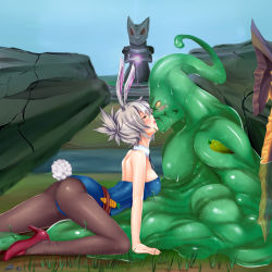 Rule 34 | 1girl, animal ears, backless outfit, battle bunny riven, carrot, fake animal ears, highres, league of legends, leotard, monster boy, pantyhose, pink heels, pitui1996, playboy bunny, rabbit ears, rabbit tail, riven (league of legends), self-upload, slime (substance), sword, tail, waero, weapon, zac (league of legends)