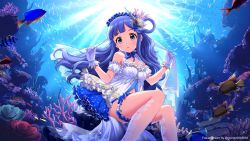 Rule 34 | 1girl, air bubble, armlet, asari nanami, babydoll, bad id, bad twitter id, bare shoulders, blue eyes, blue hair, bow, bowtie, bubble, commentary request, coral, coral hair ornament, detached collar, fish, frilled babydoll, frilled hairband, frills, from below, gloves, hair ornament, hair rings, hairband, idolmaster, idolmaster cinderella girls, bridal garter, light rays, long hair, looking down, mond, navel, open mouth, shell hair ornament, sitting, solo, submerged, underwater, veil, water, watermark, white babydoll, white gloves