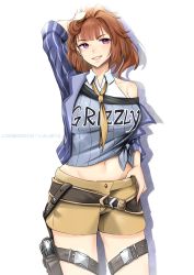 Rule 34 | 1girl, adapted costume, artist name, breasts, brown hair, brown shorts, commission, cosplay, english text, girls&#039; frontline, grizzly mkv (girls&#039; frontline), groin, hand in own hair, highres, holster, holstered, lar grizzly win mag, looking at viewer, medium breasts, mejiro ryan (umamusume), mejiro ryan (umamusume) (cosplay), midriff, navel, off shoulder, purple eyes, shirt, short hair, shorts, smile, solo, thigh holster, thigh strap, thumb in beltline, tied shirt, umamusume, vialnite, white background