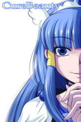 Rule 34 | 10s, 1girl, aoki reika, bloom, blue eyes, blue hair, blue theme, character name, cure beauty, hair tubes, head wings, highres, long hair, magical girl, matching hair/eyes, nishi koutarou, out of frame, portrait, precure, ribbon, simple background, smile, smile precure!, solo, tiara, white background, wings