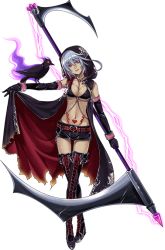 Rule 34 | 1girl, artist request, belt, bikini, bird, black bikini, black footwear, boots, breasts, cape, crow, dark-skinned female, dark skin, death (monster musume), full body, heart, holding, holding scythe, large breasts, medium hair, midriff, monster musume no iru nichijou, monster musume no iru nichijou online, navel, official art, red eyes, scythe, shorts, silver hair, solo, stomach tattoo, swimsuit, tattoo, thigh boots, thighhighs, transparent background