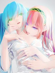 Rule 34 | 2girls, absurdres, aqua hair, blue eyes, green eyes, hairband, hand on another&#039;s chin, hatsune miku, highres, hug, hug from behind, licking another&#039;s neck, long hair, megurine luka, multiple girls, okingjo, parted lips, tongue, twintails, vocaloid, yuri