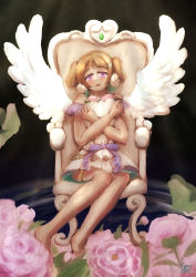 Rule 34 | 1girl, absurdres, alternate hairstyle, angel wings, aqua bow, aqua ribbon, artist name, artist request, back bow, bare legs, bare shoulders, barefoot, blush, bouquet, bow, bowtie, breasts, brown hair, center frills, chair, cleavage, collarbone, dress, feathered wings, feet, female focus, flower, frilled dress, frilled skirt, frills, full body, gem, hair between eyes, hair flower, hair ornament, hair ribbon, hairclip, hairpin, headphones, highres, holding, holding bouquet, jewelry, kingan, koizumi hanayo, layered skirt, looking at viewer, love live!, love live! school idol festival, love live! school idol project, microphone, miniskirt, myopia (kingan artlife), on chair, parted lips, pearl (gemstone), plaid, plaid dress, plaid skirt, pleated, pleated dress, pleated skirt, purple eyes, ribbon, short dress, short hair, short twintails, sitting, skirt, sleeveless, sleeveless dress, small breasts, smile, solo, striped, striped bow, twintails, two side up, white bow, white dress, white flower, white skirt, white wings, wings, x hair ornament