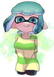 Rule 34 | 1girl, arms behind back, bike shorts, blue eyes, blue hair, breasts, green shirt, highres, inkling, inkling girl, inkling player character, large breasts, licking lips, nintendo, panu, pointy ears, shirt, single vertical stripe, solo, splatoon (series), splatoon 2, standing, striped clothes, suction cups, tentacle hair, tongue, tongue out