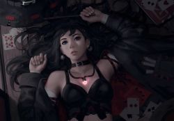 Rule 34 | 1girl, arm up, armpits, bandaged arm, bandages, bare shoulders, black bra, black hair, black hat, black jacket, blue eyes, bra, breast pocket, breasts, buckle, card, cleavage, collar, collarbone, commentary, earrings, english commentary, from above, glowing, guweiz, hair ornament, hairclip, hat, highres, holding, holding wand, jacket, jewelry, long hair, long sleeves, looking at viewer, lying, medium breasts, necklace, off shoulder, on back, on floor, open clothes, open jacket, original, parted lips, pink lips, playing card, pocket, solo, test tube, underwear, unworn hat, unworn headwear, very long hair, wand, wooden floor