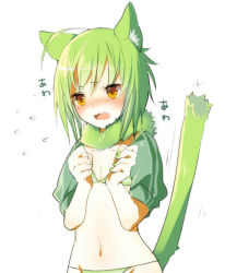 Rule 34 | 1girl, :o, ahoge, animal ear fluff, animal ears, bad id, bad pixiv id, bikini, blush, breasts, cat ears, cat tail, cleavage, clenched hands, collarbone, double vertical stripe, embarrassed, fang, flying sweatdrops, fur collar, fur trim, green bikini, green hair, green nails, groin, hair between eyes, hands up, looking at viewer, mofuaki, mole, mole under eye, motion lines, nail polish, navel, nervous, nose blush, open mouth, orange eyes, original, raised eyebrow, short hair, short sleeves, simple background, small breasts, solo, sound effects, star (symbol), stiff tail, string bikini, striped bikini, striped clothes, swimsuit, tail, translated, upper body, wavy mouth, white background, white bikini