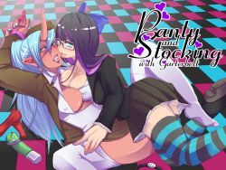 Rule 34 | 10s, 2girls, bad id, bad pixiv id, bespectacled, breasts, chuck (psg), cleavage, colored skin, eyewear switch, female pervert, glasses, horns, jgwmgj, kneesocks (psg), looking at viewer, medium breasts, multiple girls, panty &amp; stocking with garterbelt, pervert, red skin, stocking (psg), striped clothes, striped legwear, striped thighhighs, thighhighs, unworn eyewear, white thighhighs, yuri