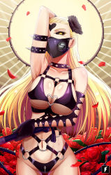 Rule 34 | 1girl, arm over head, armpits, bare shoulders, black sclera, blonde hair, bondage outfit, breasts, cleavage, collar, colored sclera, commentary request, cowboy shot, dominatrix, facial mark, flower, forehead mark, gloves, hair ornament, heart, highres, kaijin hime do-s, large breasts, long hair, looking at viewer, mask, navel, o-ring, one-punch man, red flower, revealing clothes, rose, solo, spiked collar, spikes, teng zhai zi, tongue, whip, yellow eyes