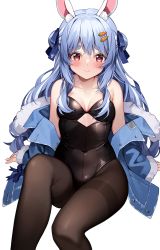 Rule 34 | 1girl, animal ear fluff, animal ears, bare shoulders, black leotard, blue hair, blue jacket, blue ribbon, blush, breasts, brown pantyhose, carrot hair ornament, closed mouth, dress, feet out of frame, food-themed hair ornament, fur-trimmed jacket, fur trim, hair ornament, hair ribbon, highres, hololive, jacket, leotard, long hair, looking at viewer, medium breasts, multicolored hair, open clothes, open jacket, pantyhose, pinki o64, playboy bunny, rabbit ears, rabbit girl, red eyes, ribbon, simple background, sitting, smile, solo, strapless, strapless dress, streaked hair, thick eyebrows, thighband pantyhose, usada pekora, usada pekora (1st costume), very long hair, virtual youtuber, white background, white hair