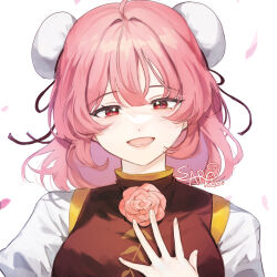Rule 34 | 1girl, blush, breasts, bun cover, commission, fingernails, flower, highres, ibaraki kasen, large breasts, looking at viewer, open mouth, pink eyes, pink flower, pink hair, pink rose, rose, sarukana, shirt, short hair, short sleeves, simple background, smile, solo, tabard, touhou, upper body, white background, white shirt