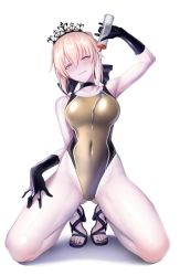 Rule 34 | 1girl, artoria pendragon (all), artoria pendragon (alter swimsuit rider) (fate), artoria pendragon (alter swimsuit rider) (third ascension) (fate), artoria pendragon (fate), bare legs, black gloves, black nails, blonde hair, blue ribbon, bottle, breasts, choker, competition swimsuit, covered navel, fate/grand order, fate (series), full body, gloves, gluteal fold, gold one-piece swimsuit, hair between eyes, hair ribbon, hand up, head tilt, high heels, highleg, highleg swimsuit, holding, looking at viewer, lotion, medium breasts, nail polish, one-piece swimsuit, ribbon, saber (fate), saber (summer battle clothes) (fate), saber alter, sandals, simple background, smile, solo, swimsuit, tiara, toenail polish, toenails, ulrich (tagaragakuin), white background, yellow eyes