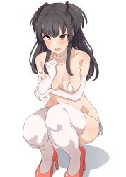 Rule 34 | 1girl, absurdres, antenna hair, arm under breasts, armpit crease, bare shoulders, bikini, black bow, black hair, blush, bow, breasts, brown eyes, collar, collarbone, elbow gloves, embarrassed, gloves, hand on own chest, high heels, highres, idolmaster, idolmaster shiny colors, long hair, looking at viewer, mayuzumi fuyuko, micro bikini, midriff, navel, open mouth, red footwear, seihekiog, sideboob, sidelocks, simple background, solo, squatting, sweatdrop, swimsuit, thighhighs, thighs, two side up, white background, white bikini, white collar, white gloves, white thighhighs