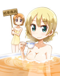 Rule 34 | alternate eye color, bathing, blonde hair, blue eyes, braid, breasts, cleavage, closed mouth, commentary request, cup, darjeeling (girls und panzer), girls und panzer, green eyes, holding, holding cup, holding sign, looking at viewer, medium breasts, naked towel, nude, orange hair, orange pekoe (girls und panzer), oversized object, parted bangs, partial commentary, short hair, sign, simple background, smile, standing, takeuchi motoki, tea, teacup, towel, translated, twin braids, wet, white background, yellow towel