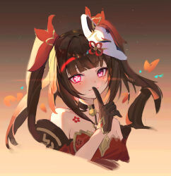 Rule 34 | 1girl, absurdres, bare shoulders, bell, black choker, black gloves, breasts, brown background, brown hair, butterfly-shaped pupils, choker, closed mouth, commentary request, cropped torso, dress, finger to mouth, flower-shaped pupils, gloves, gradient background, hair intakes, hand up, highres, honkai: star rail, honkai (series), index finger raised, jingle bell, mask, mask on head, medium breasts, neck bell, purple eyes, red dress, shushing, smile, solo, sparkle (honkai: star rail), symbol-shaped pupils, twintails, upper body, wang man