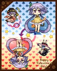 Rule 34 | 3girls, absurdly long hair, barefoot, biwa lute, black hair, bowl, box, candy, chain, chocolate, chocolate heart, closed eyes, cone horns, dress, flower, food, gift, gift box, grey horns, hair flower, hair ornament, hat, heart, horns, instrument, japanese clothes, kijin seija, kimono, long hair, long sleeves, low twintails, lute (instrument), miracle mallet, multicolored hair, multiple girls, obi, open mouth, pointer, pote (ptkan), print dress, puffy short sleeves, puffy sleeves, purple eyes, sash, short sleeves, smile, star (symbol), streaked hair, sukuna shinmyoumaru, touhou, tsukumo benben, twintails, upside-down, valentine, very long hair, wavy mouth, wide sleeves, yellow dress