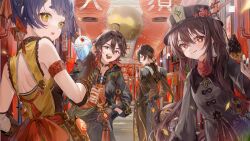 2boys 2girls black_hat blue_hair brown_hair chinese_clothes closed_mouth cup disposable_cup flower-shaped_pupils food from_behind gaming_(genshin_impact) genshin_impact hair_between_eyes hat highres holding holding_cup holding_food holding_ice_cream hu_tao_(genshin_impact) ice_cream long_hair long_sleeves looking_at_viewer looking_back multiple_boys multiple_girls outdoors parted_lips red_eyes smile symbol-shaped_pupils tongue tongue_out utsuhostoria vision_(genshin_impact) xiangling_(genshin_impact) yellow_eyes zhongli_(genshin_impact)