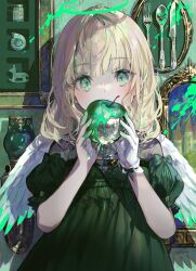 Rule 34 | 1girl, angel wings, apple, black dress, blonde hair, blood, blunt bangs, commentary, covered mouth, cutlery, dress, food, fruit, fuzichoco, gloves, green blood, green dress, green eyes, green halo, green theme, halo, hands up, highres, holding, holding food, holding fruit, indoors, long hair, looking at viewer, original, painting (object), puffy short sleeves, puffy sleeves, seashell, shell, short sleeves, single glove, solo, upper body, white gloves, wings