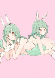 Rule 34 | animal ears, ass, bakemonogatari, bare shoulders, blunt bangs, breasts, clone, covered navel, detached collar, green hair, high heels, highres, hip bones, leotard, long hair, lying, monogatari (series), on side, orange eyes, pink background, playboy bunny, rabbit ears, rabbit tail, sengoku nadeko, sideboob, simple background, small breasts, tail, thighhighs, thighs, usa003uni, white footwear, white thighhighs, wrist cuffs