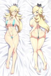 Rule 34 | 1girl, ass, bare legs, barefoot, blonde hair, blue eyes, blush, breasts, cleavage, commentary, commission, crown, dakimakura (medium), dimples of venus, earrings, english commentary, feet, female focus, from behind, full body, hair over one eye, hand on own cheek, hand on own chest, hand on own face, highres, jewelry, kneepits, large breasts, lindaroze, long hair, looking at viewer, looking back, lying, mario (series), mini crown, multiple views, nail polish, navel, nintendo, on back, paid reward available, pink nails, rosalina, slingshot swimsuit, soles, strap gap, super mario galaxy, swimsuit, thigh gap, thighs, twitter username, very long hair, watermark, web address