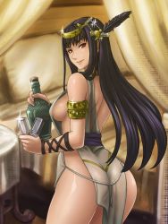 Rule 34 | 1girl, ass, bare shoulders, bed, black hair, bottle, breasts, feathers, from behind, fushisha o, glass, hrist valkyrie, long hair, looking back, naked tabard, pillow, red eyes, sideboob, smile, solo, standing, tabard, valkyrie profile (series)