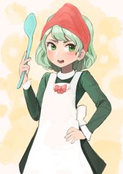 Rule 34 | 1girl, apron, bow, cowboy shot, dress, green dress, green eyes, green hair, hand on own hip, head scarf, highres, holding, holding spoon, long sleeves, open mouth, permanentlow, red scarf, scarf, short hair, soga no tojiko, solo, spoon, teeth, touhou, upper teeth only