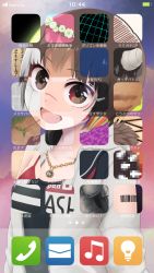 Rule 34 | 1girl, barcode, blue hair, brown eyes, brown hair, fang, flower, highres, jewelry, leaf, looking at viewer, multicolored hair, necklace, open mouth, original, fake phone screenshot, pink hair, rainbow hair, short hair, smile, solo, upper body, white flower, yajirushi (chanoma)