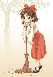 Rule 34 | 1girl, bow, broom, brown eyes, brown hair, detached sleeves, female focus, full body, hair bow, hakurei reimu, japanese clothes, mary janes, miko, nagamori, outdoors, shoes, short hair, solo, touhou