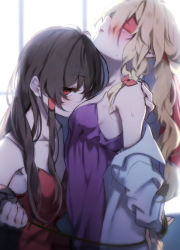 Rule 34 | 2girls, arms behind back, bare shoulders, black hair, blindfold, blonde hair, blush, bound, bound wrists, breasts, collarbone, commentary request, dress, hair tubes, hairband, hakurei reimu, kirisame marisa, long hair, long sleeves, looking at viewer, multiple girls, no headwear, off shoulder, open clothes, open shirt, parted lips, piyokichi, purple dress, red dress, red eyes, shirt, sidelocks, small breasts, spaghetti strap, touhou, upper body, white shirt, window, yuri