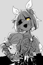 Rule 34 | 1girl, android (os), armor, armored dress, blunt bangs, broken, commentary request, crack, double bun, greyscale, hair bun, hair ribbon, highres, hollow eyes, joutouguu mayumi, looking at viewer, massakasama, monochrome, open mouth, puffy short sleeves, puffy sleeves, ribbon, short hair, short sleeves, simple background, smile, solo, spot color, statue, touhou, upper body, vambraces, white ribbon, yellow eyes