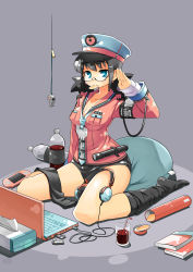 Rule 34 | 1girl, absurdres, armband, bad id, bad pixiv id, black hair, black thighhighs, blue eyes, breasts, chips (food), cleavage, computer, flashlight, food, fukumaaya, glasses, grey background, hair ornament, hairclip, handheld game console, hat, headphones, headphones removed, highres, key, keyboard (computer), laptop, medium breasts, mouth hold, neet, original, peaked cap, pillow, playstation portable, potato chips, salute, seida, short shorts, shorts, single thighhigh, sitting, solo, thighhighs, tissue, tissue box, wariza, whistle