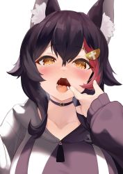 Rule 34 | 1girl, animal ear fluff, animal ears, black choker, black hair, black hoodie, blush, breasts, choker, finger in own mouth, flipped hair, hair between eyes, hair ornament, hairclip, highres, hololive, hood, hoodie, large breasts, long hair, long sleeves, looking at viewer, mouth pull, multicolored hair, ookami mio, ookami mio (casual), open mouth, red hair, saliva, simple background, solo, spiked hair, streaked hair, two-tone hoodie, upper body, virtual youtuber, white background, white hoodie, wolf ears, wolf girl, xiaodong327399, yellow eyes