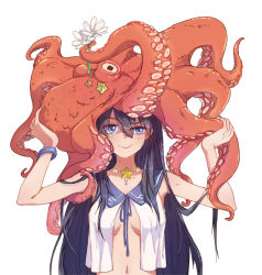 Rule 34 | 1girl, animal, animal on head, black hair, blue eyes, blue ribbon, bracelet, breasts, carrying overhead, catin, closed mouth, eyebrows, flower, hair between eyes, hands up, holding, holding flower, jewelry, long hair, medium breasts, nail polish, necklace, no bra, octopus, on head, open clothes, open shirt, original, ribbon, school uniform, serafuku, shell, shell necklace, shirt, simple background, sleeveless, smile, solo, starfish, uneven eyes, upper body, white background, white flower