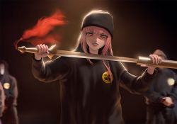 Rule 34 | 1girl, 2boys, beanie, black headwear, blurry, blurry background, clenched teeth, crossover, hat, hip hop, holding, holding sword, holding weapon, hololive, hololive english, infi, long hair, looking at viewer, mori calliope, multiple boys, own hands together, parted lips, pink hair, red eyes, sheath, solo focus, sword, teeth, trait connection, unsheathing, virtual youtuber, weapon, wu-tang clan