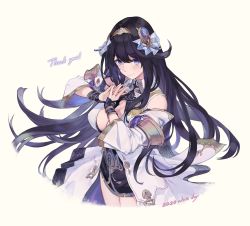 Rule 34 | 1girl, bare shoulders, black hair, blush, breasts, character request, cleavage, cleavage cutout, clothing cutout, copyright request, detached sleeves, gloves, hair ornament, headband, highres, large breasts, long hair, looking at viewer, partially fingerless gloves, purple eyes, shingeki no bahamut, smile, solo, thank you, u jie, very long hair, white day