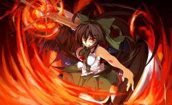 Rule 34 | 1girl, adapted costume, alternate weapon, arm cannon, bad id, bad pixiv id, bare shoulders, black hair, bow, breasts, brown eyes, female focus, fire, hair bow, large breasts, long hair, nasudora, pyrokinesis, reiuji utsuho, sleeveless, solo, touhou, weapon, wings